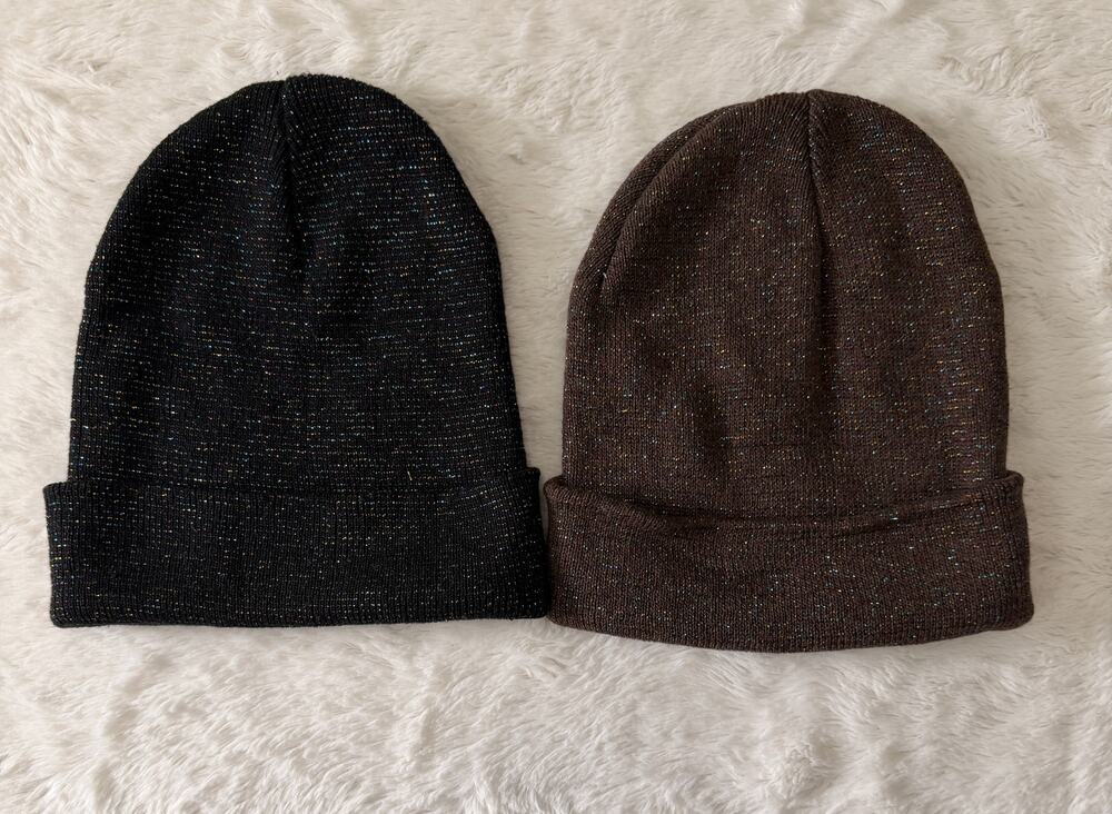Sparkle Knit Beanie Hats Lot 2 Pair OSFM Black Brown Metallic Cuffed Toboggan